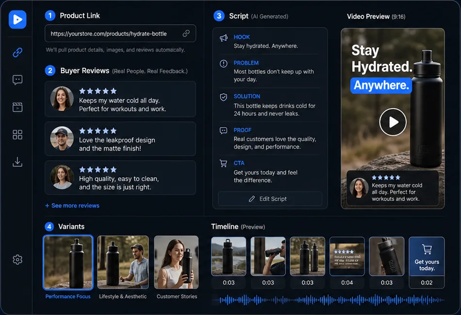 Interface do fluxo da LikeFlow com link de produto, avaliações de compradores, roteiro de IA, pré-visualização e variantes