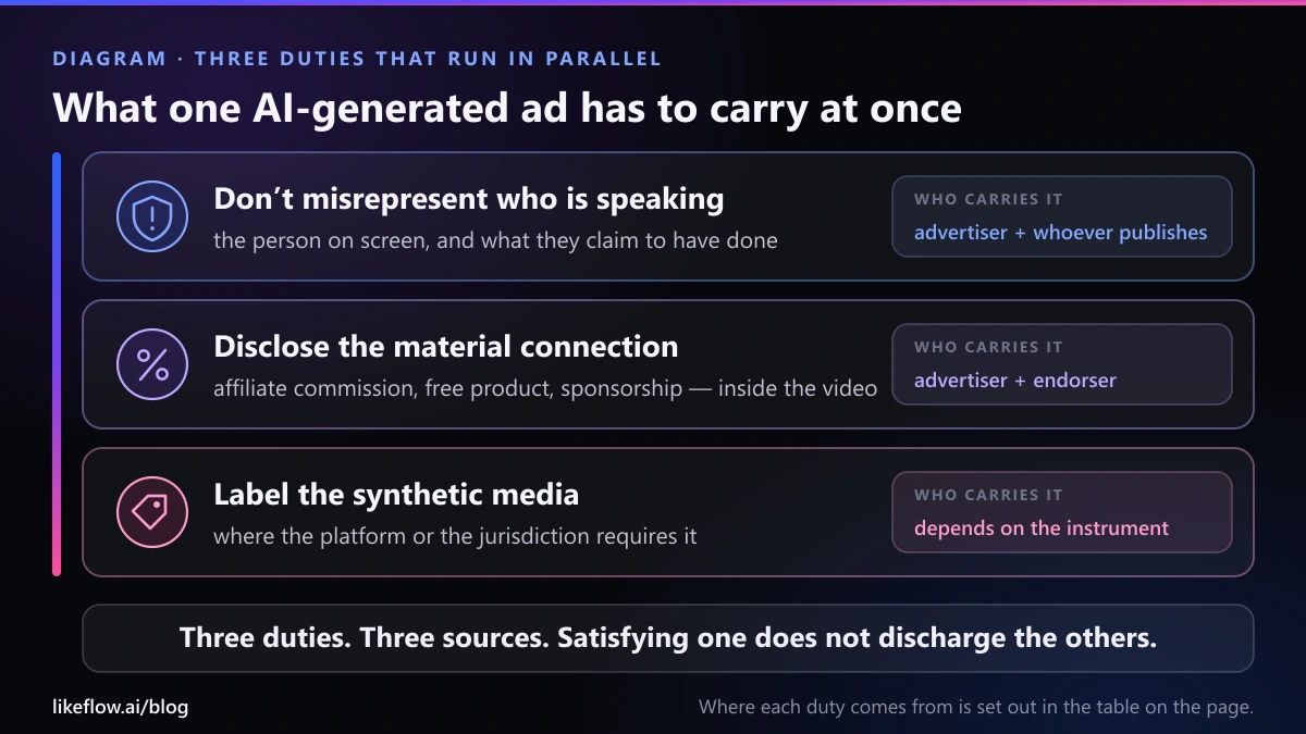 Diagram showing three separate and parallel duties for an AI-generated advertisement: do not misrepresent who is speaking, disclose the material connection such as an affiliate commission, and label the video as synthetic where required.