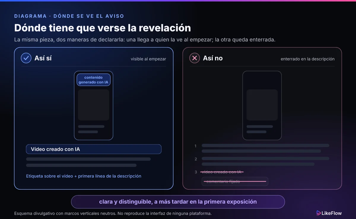Comparación de dos publicaciones verticales: en la válida, la etiqueta de contenido generado con IA aparece sobre el vídeo y una línea de aviso encabeza la descripción; en la incorrecta, el aviso está escondido en el tercer párrafo y en un comentario fijado
