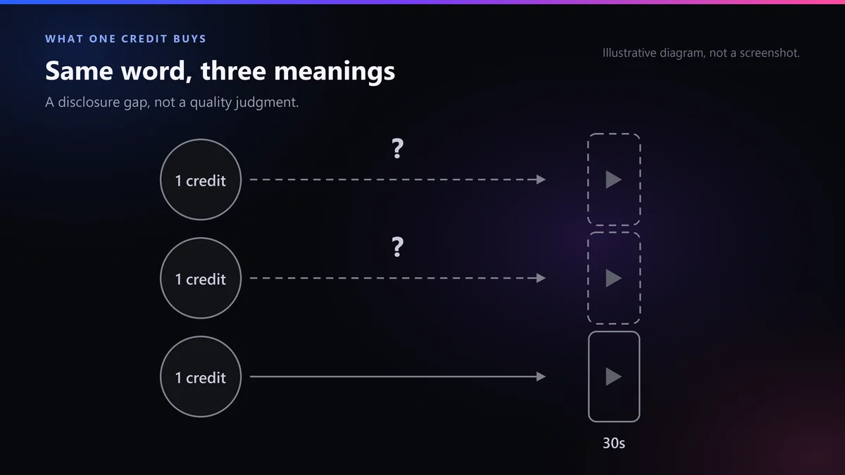 Three credit tokens side by side, two with question marks over the arrow leading to a video frame and one with a clear one-to-one arrow, illustrating which vendor publishes a credits-per-video rule