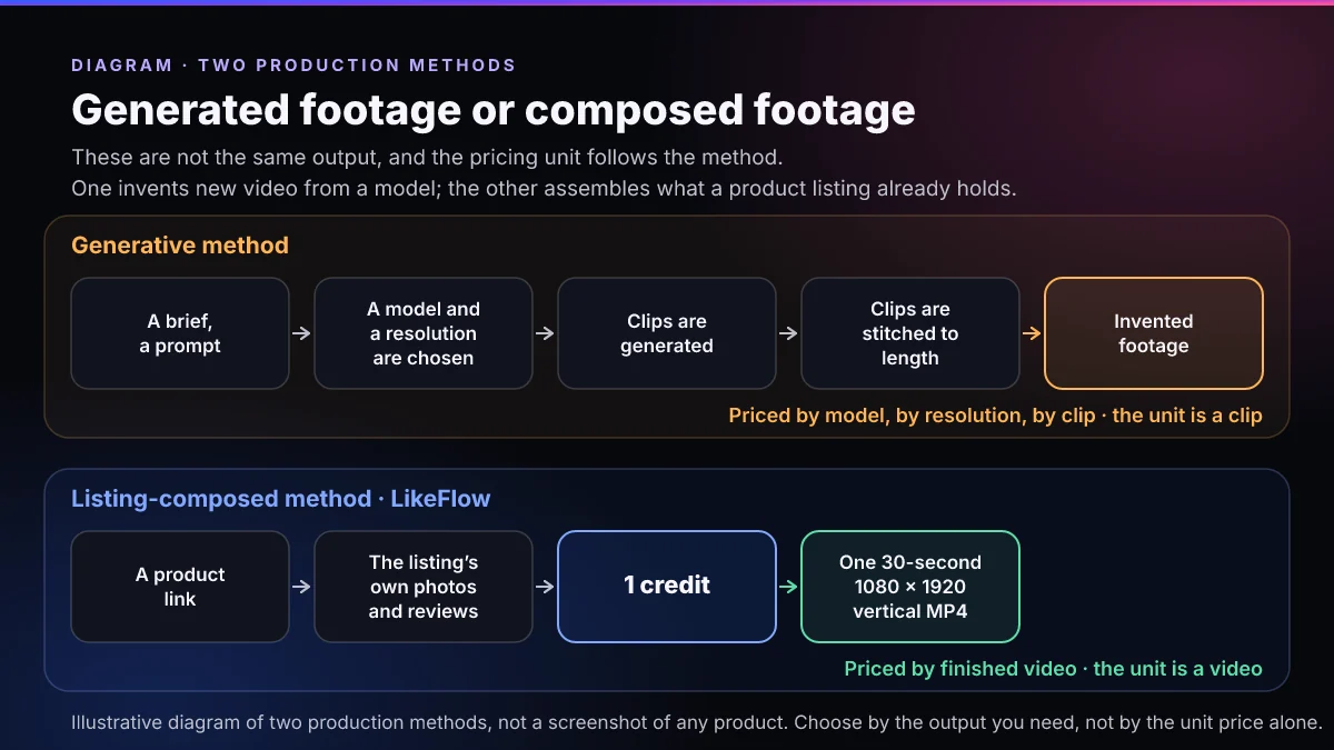 Diagram of two ways a product video gets made: a generative method where a brief goes through a chosen model and resolution, generated clips and stitching to produce invented footage priced per clip, and a listing-composed method where a product link and the listing's own photos and reviews cost one credit and produce one 30-second 1080 by 1920 vertical MP4 priced per finished video.