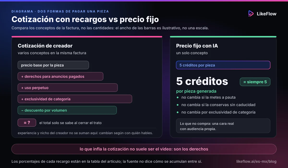 Comparación entre una cotización de creador UGC con recargos apilados por derechos de uso y exclusividad, y el cobro fijo de cinco créditos por pieza generada con IA